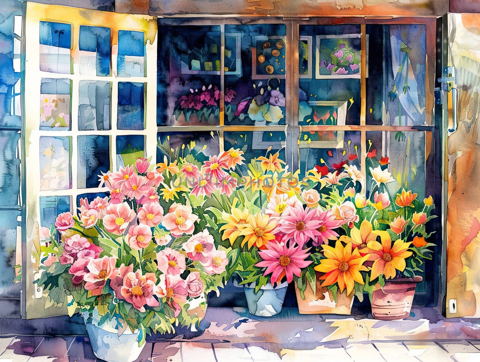 A charming storefront showcases various blooming flowers in pots, creating a lively and inviting atmosphere under bright daylight, enhancing the street appeal.