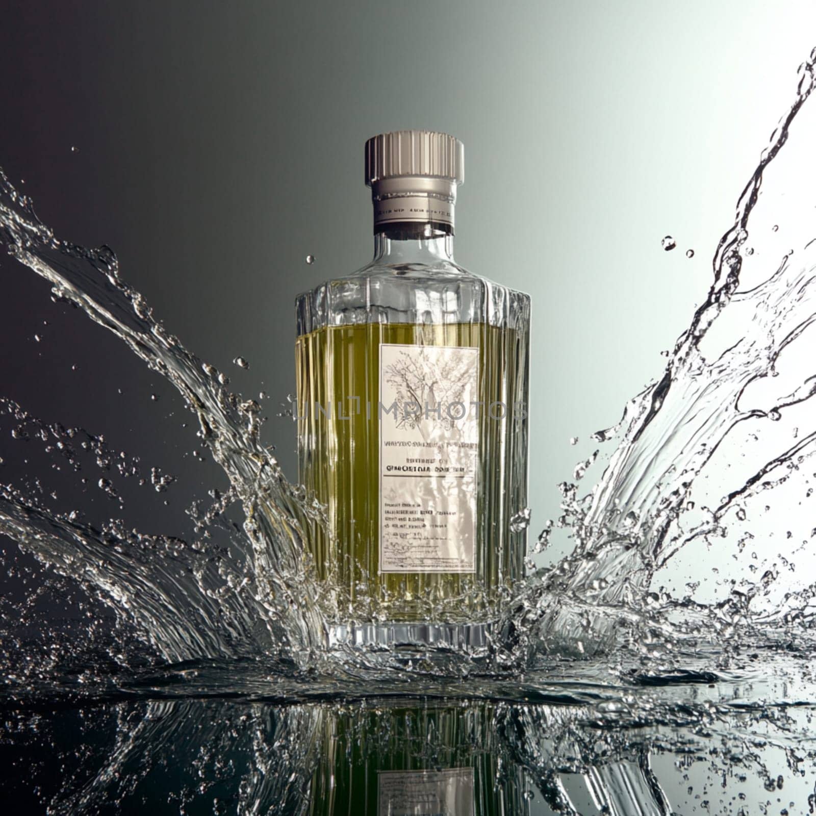 Transparent bottle filled with liquid is standing in the middle of a big splash of water, creating interesting shapes and reflections
