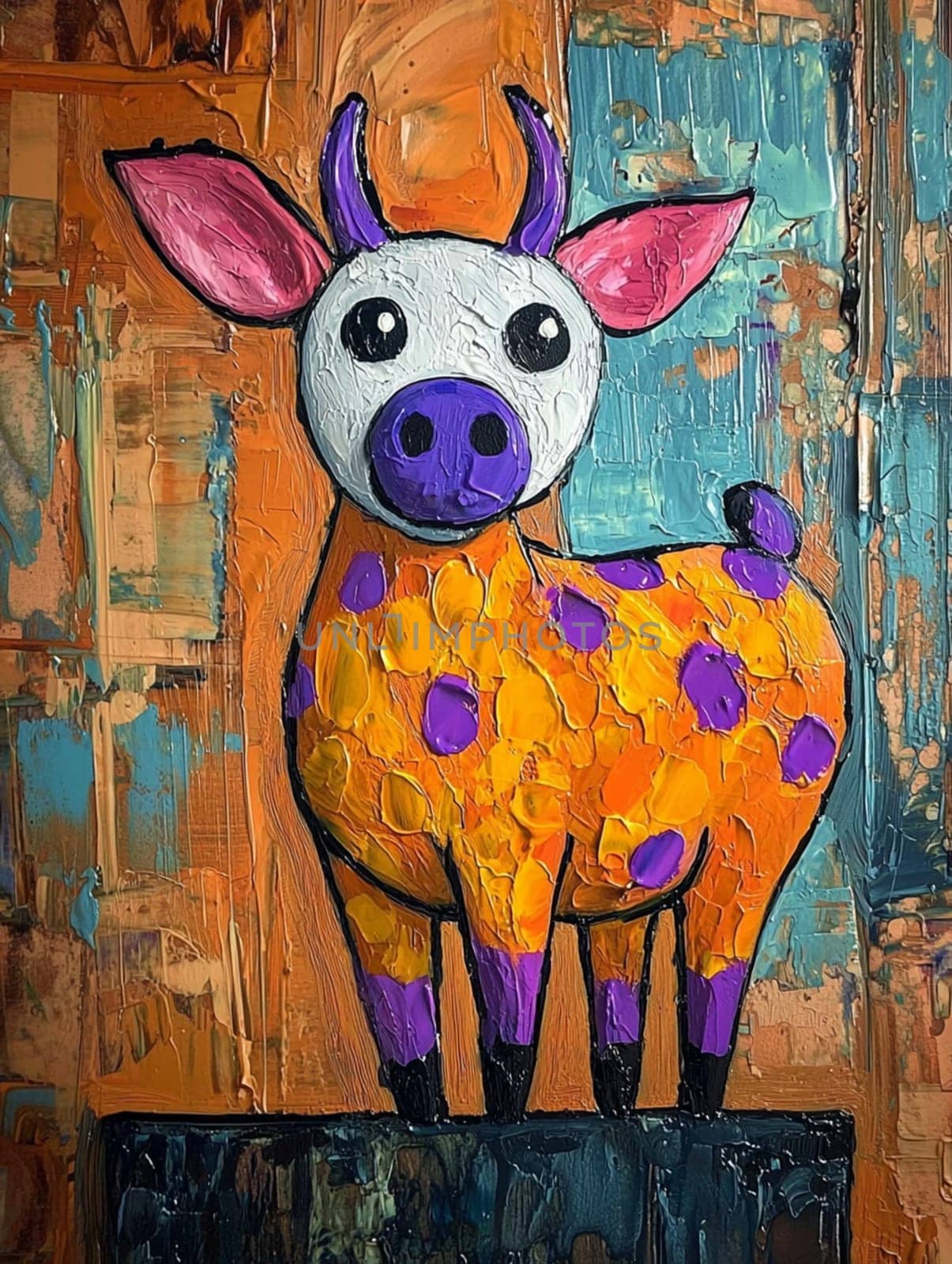Adorable cartoon cow with purple nose and orange body on black platform, colorful abstract background with visible brushstrokes