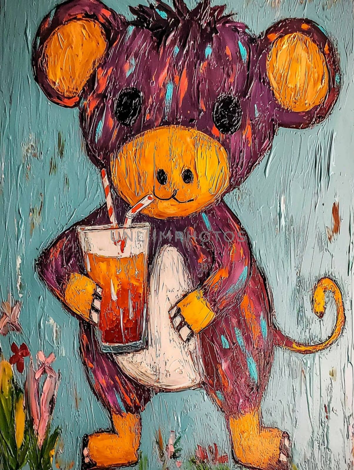 Whimsical painting of a purple monkey enjoying a refreshing beverage, with vibrant colors and a textured artistic style