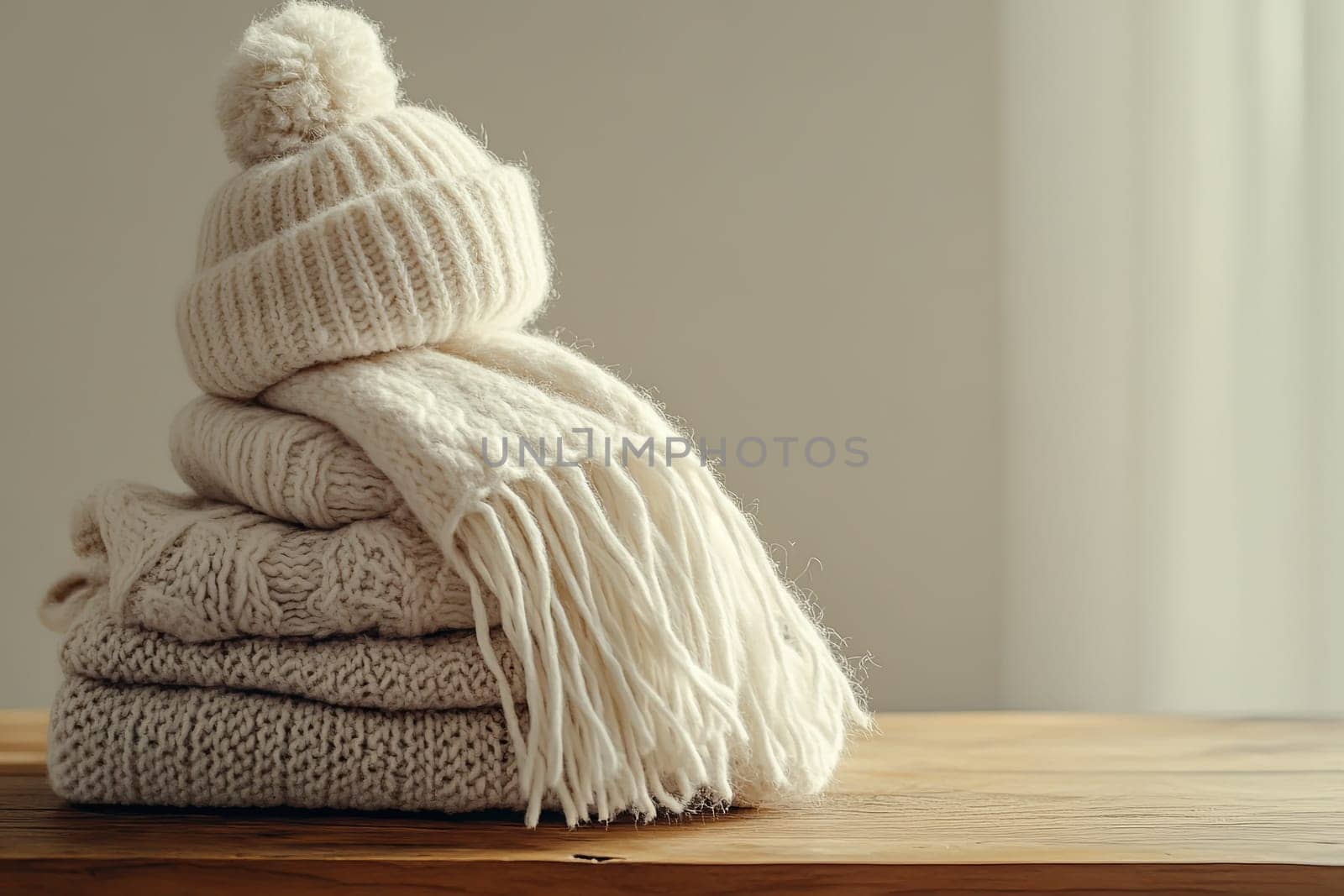 A stack of warm white winter clothes on a table. Image in light tones. High quality photo