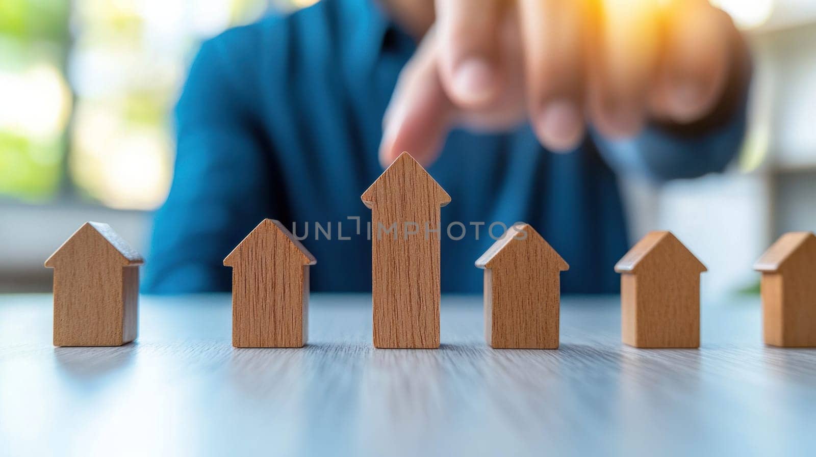image depicts person pointing at wooden house models arranged in line, symbolizing growth and progress in real estate or investment. warm lighting adds positive and optimistic atmosphere.