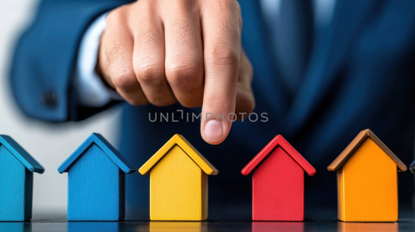 Building brighter future in real estate, hand points to red house among colorful models, symbolizing growth and opportunity.