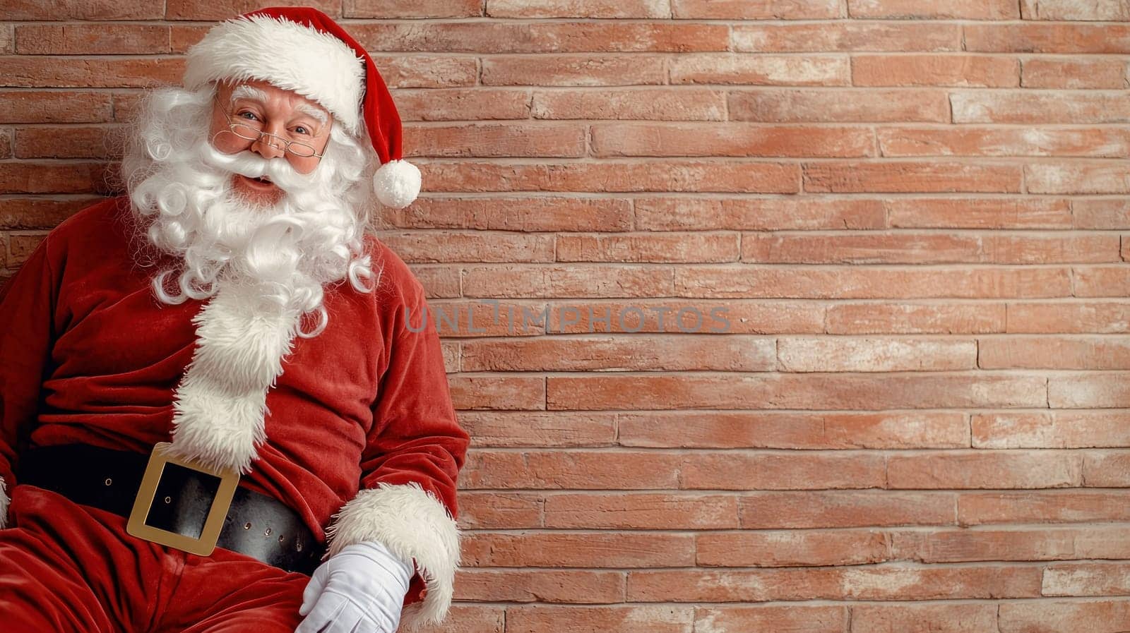 Jolly Santa Claus in red suit with white beard, sitting against brick wall, radiating holiday cheer and warmth.