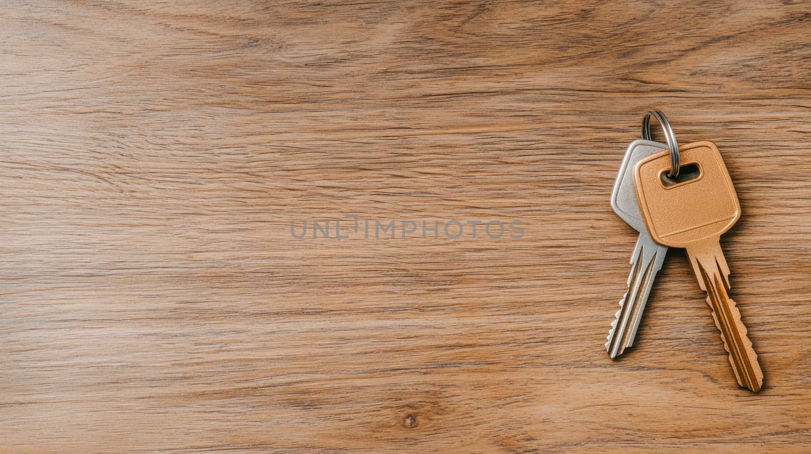 Keys on wooden table, symbolizing new beginnings and fresh opportunities. simple yet elegant design evokes sense of warmth and comfort in new space.