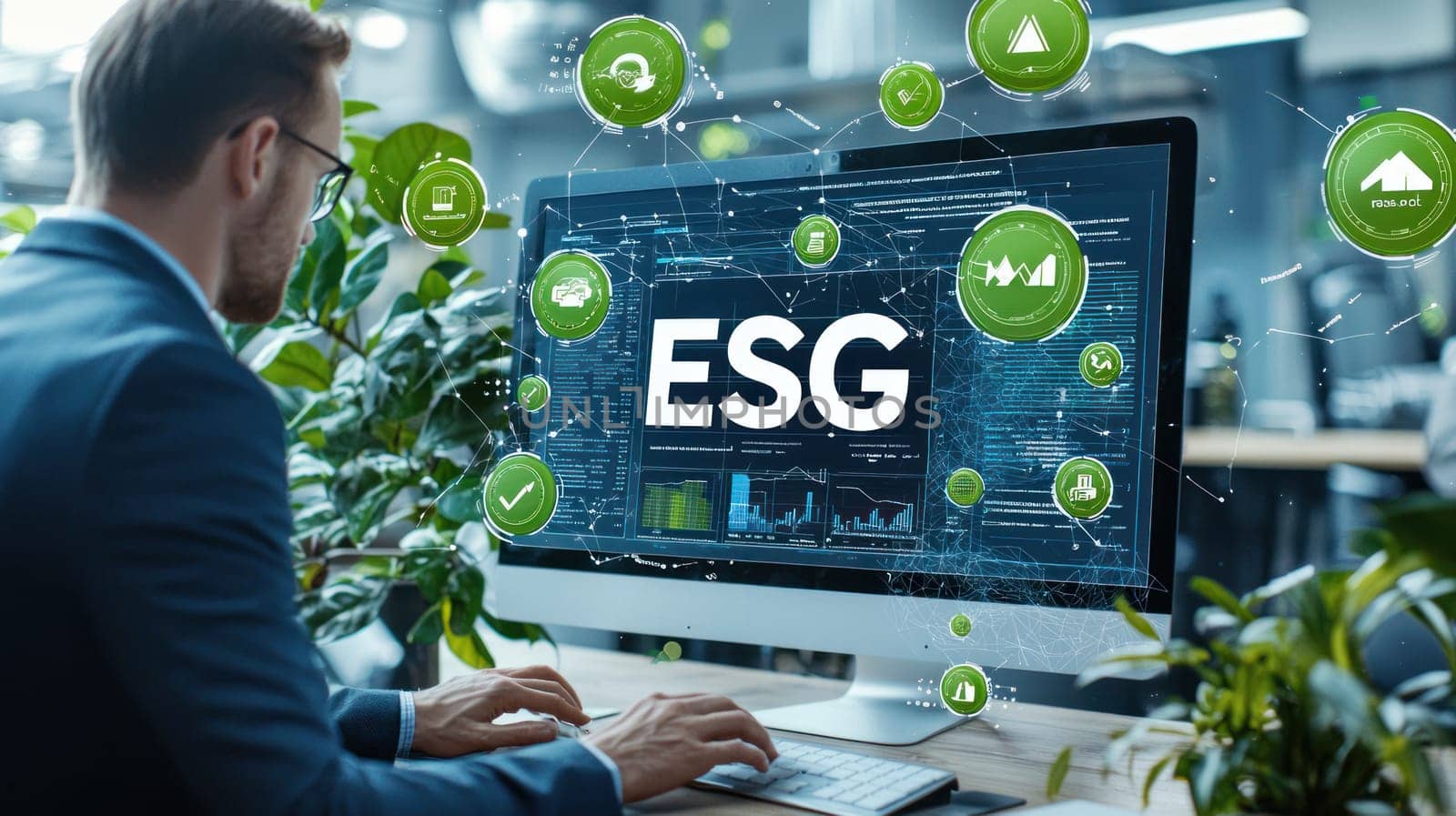 Businessman analyzing ESG data on computer surrounded by greenery, showcasing modern workspace focused on sustainability and environmental responsibility.