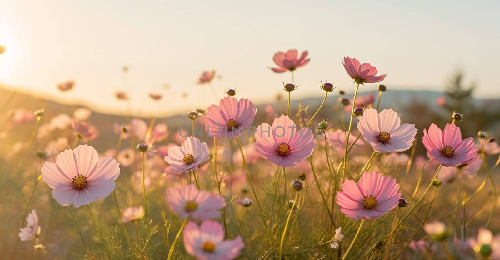 outdoor beautiful flower field rural season garden autumn nature natural violet cosmos blooming meadow background countryside pink sunset wild summer fresh. Generative AI.