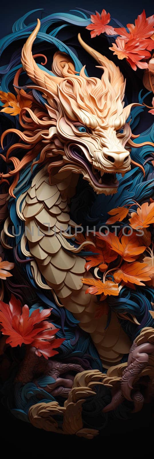Japanese dragon, in the style of detailed multi-layered compositions, colorful wood carvings, intricate floral arrangements, close-up, colorful bright bookmark. ai generative art
