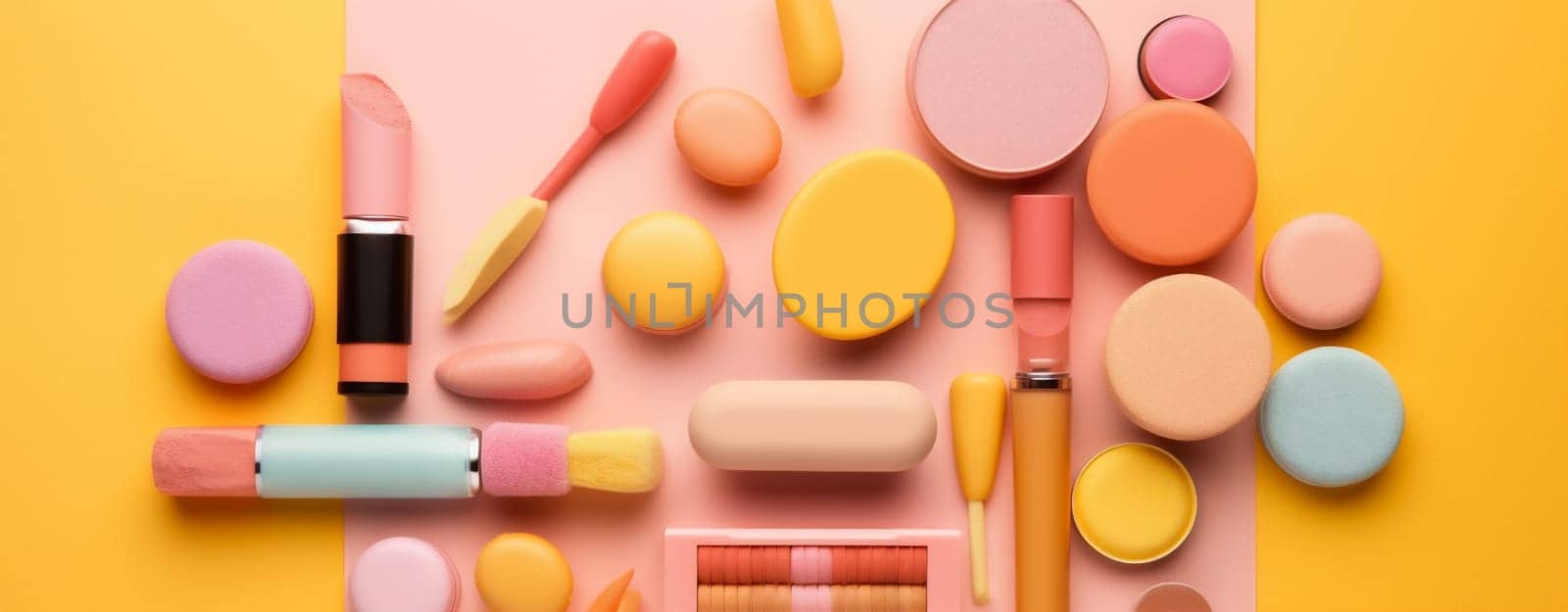 layout isolated beauty eyeshadow decorative glamour object product background makeup pink white brush fashion care accessory facial group minimal cosmetic collection. Generative AI.