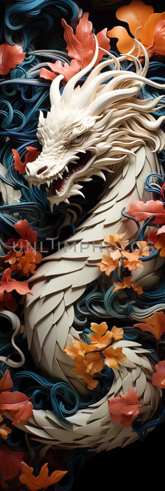 Japanese dragon, in the style of detailed multi-layered compositions, colorful wood carvings, intricate floral arrangements, close-up, colorful bright bookmark. ai generative art