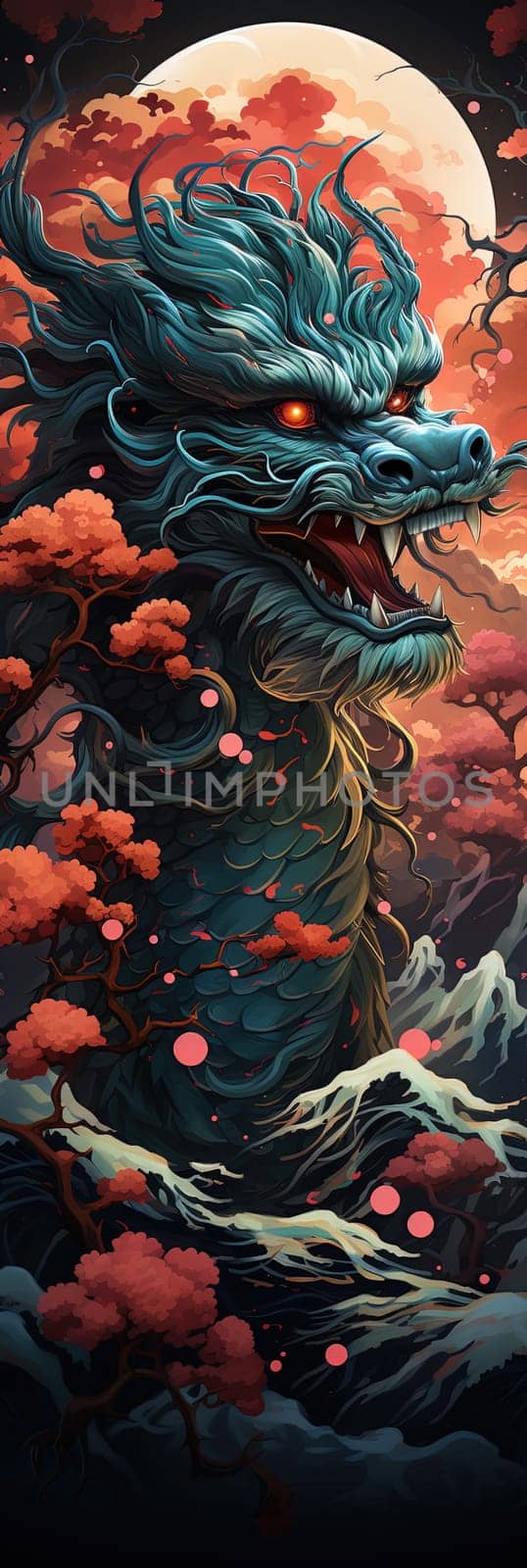 Japanese dragon, cartoon illustration, close-up, colorful bright bookmark. ai generative art