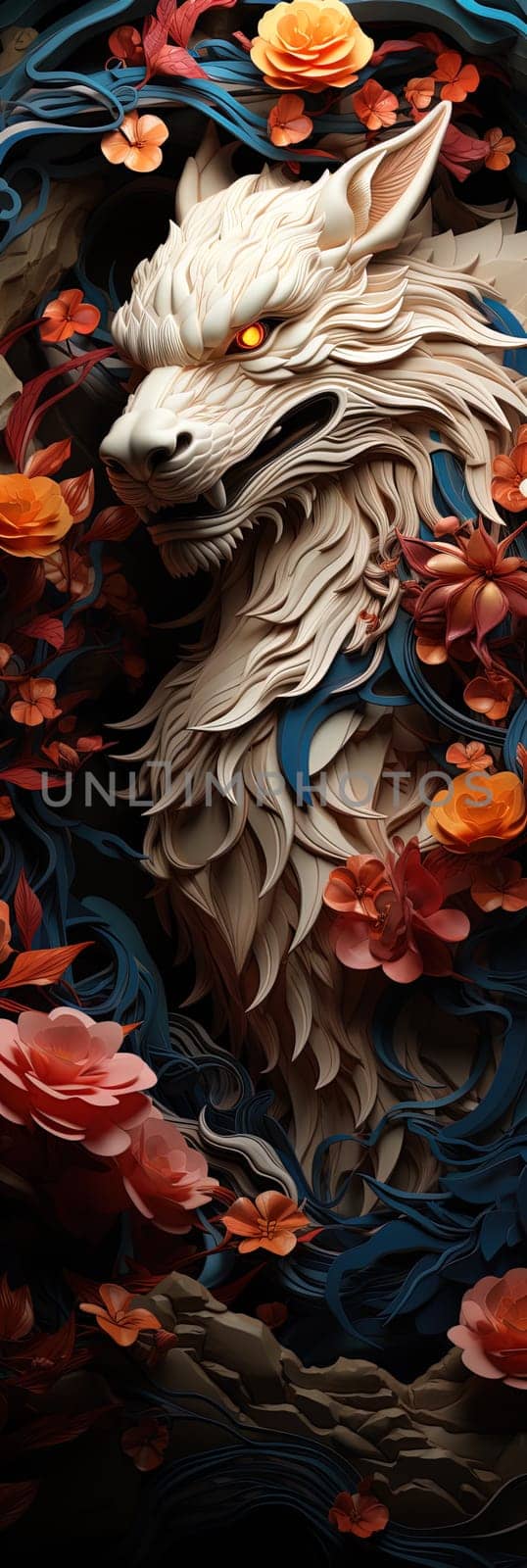 Japanese dragon, in the style of detailed multi-layered compositions, colorful wood carvings, intricate floral arrangements, close-up, colorful bright bookmark. ai generative art