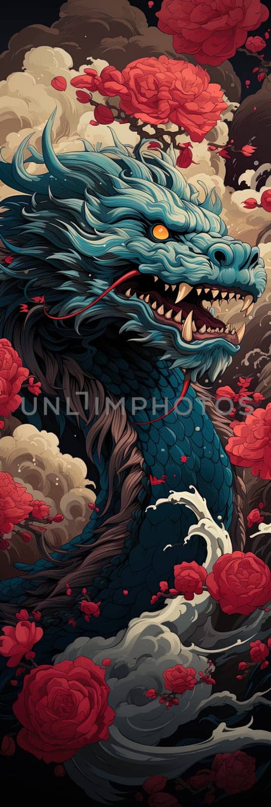 Japanese dragon, cartoon illustration, close-up, colorful bright bookmark. ai generative art