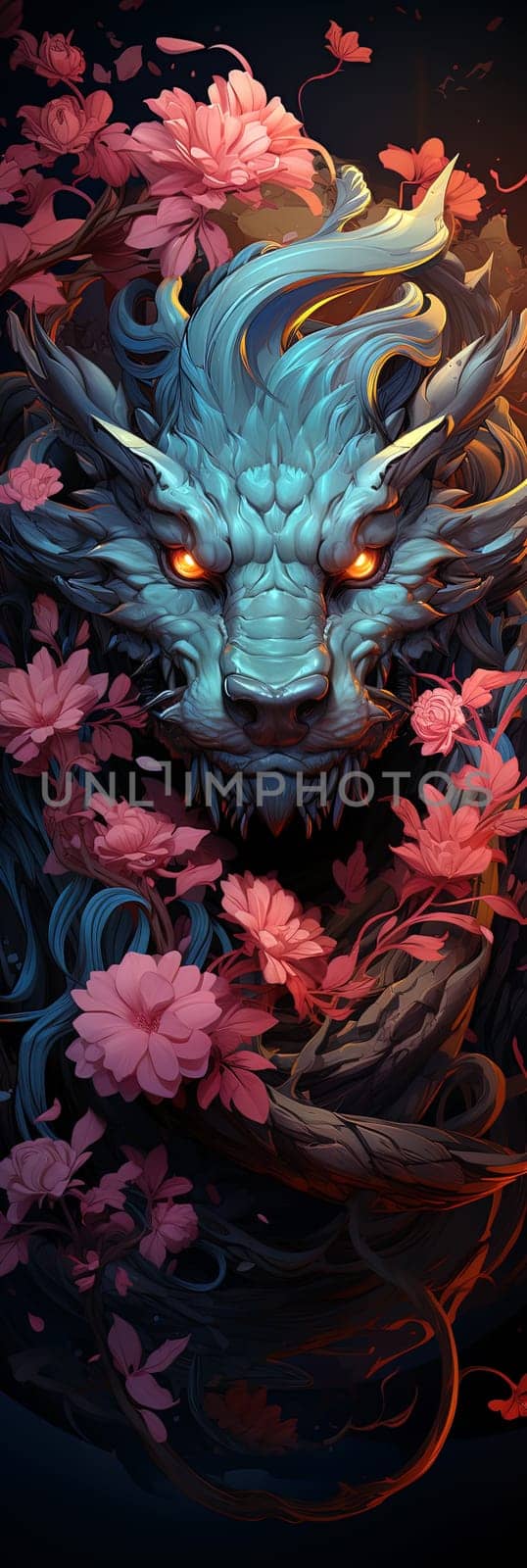 Japanese dragon, cartoon illustration, close-up, colorful bright bookmark. ai generative art
