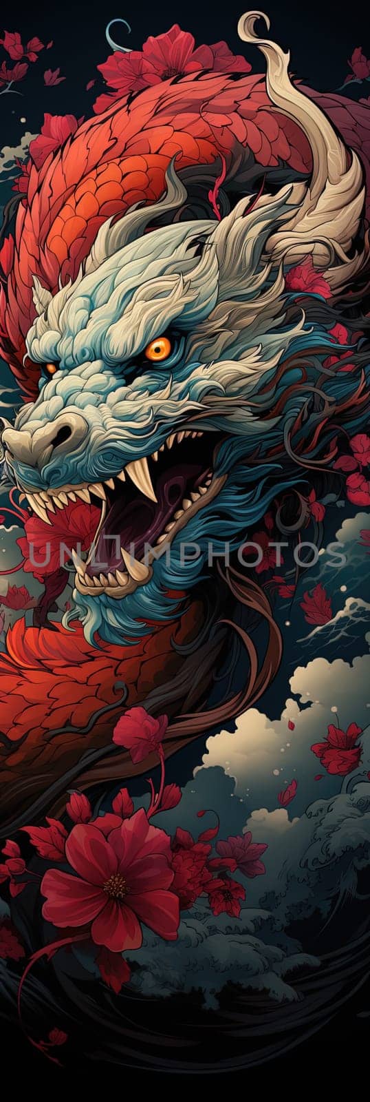 Japanese dragon, cartoon illustration, close-up, colorful bright bookmark. ai generative art