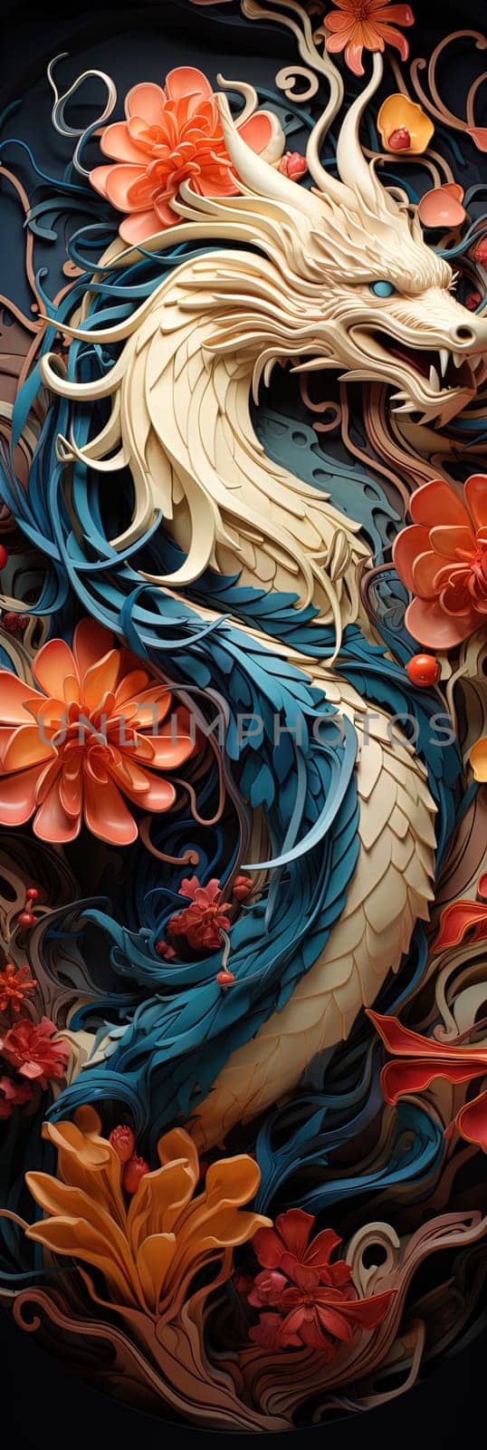 Japanese dragon, in the style of detailed multi-layered compositions, colorful wood carvings, intricate floral arrangements, close-up, colorful bright bookmark. ai generative art