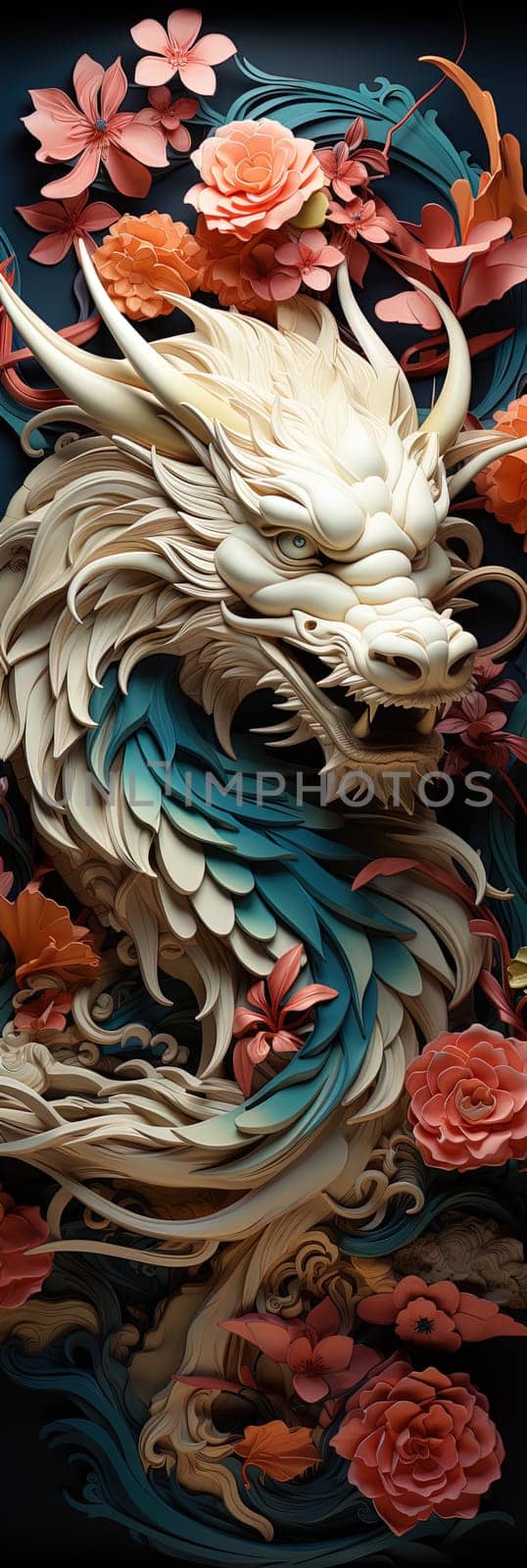 Japanese dragon, in the style of detailed multi-layered compositions, colorful wood carvings, intricate floral arrangements, close-up, colorful bright bookmark. ai generative art