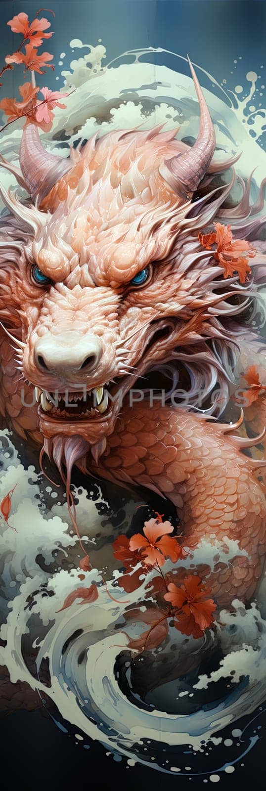 Japanese dragon, watercolor illustration, close-up, colorful bright bookmark. ai generative art