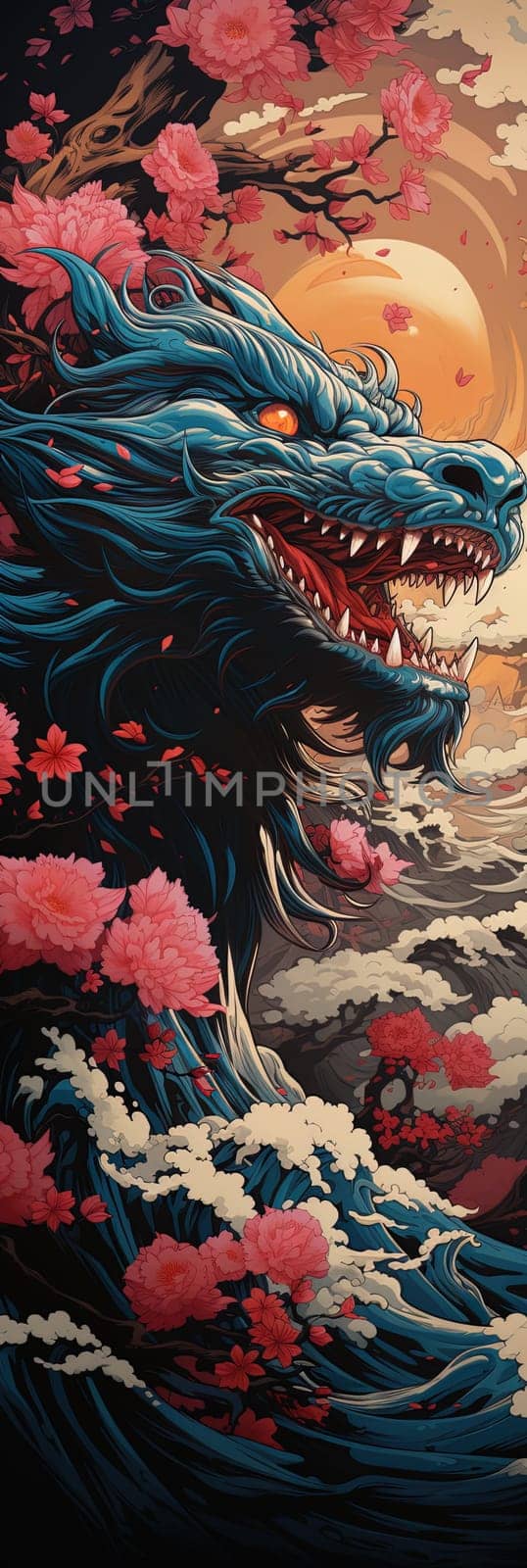 Japanese dragon, cartoon illustration, close-up, colorful bright bookmark. ai generative art