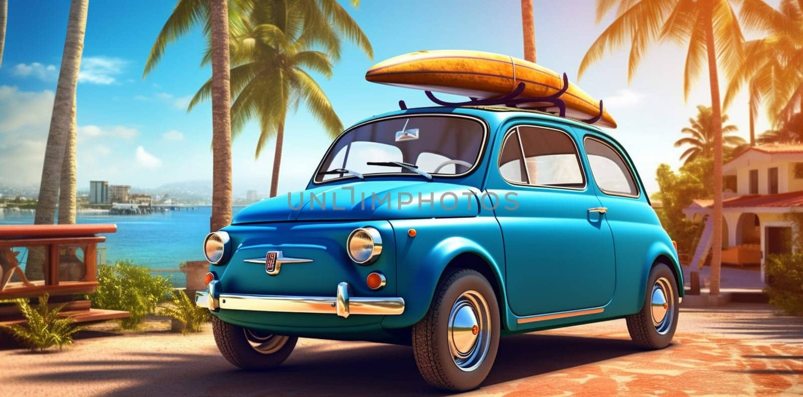 car vintage summer retro beach road vacation travel tropical trip. Generative AI. by Vichizh