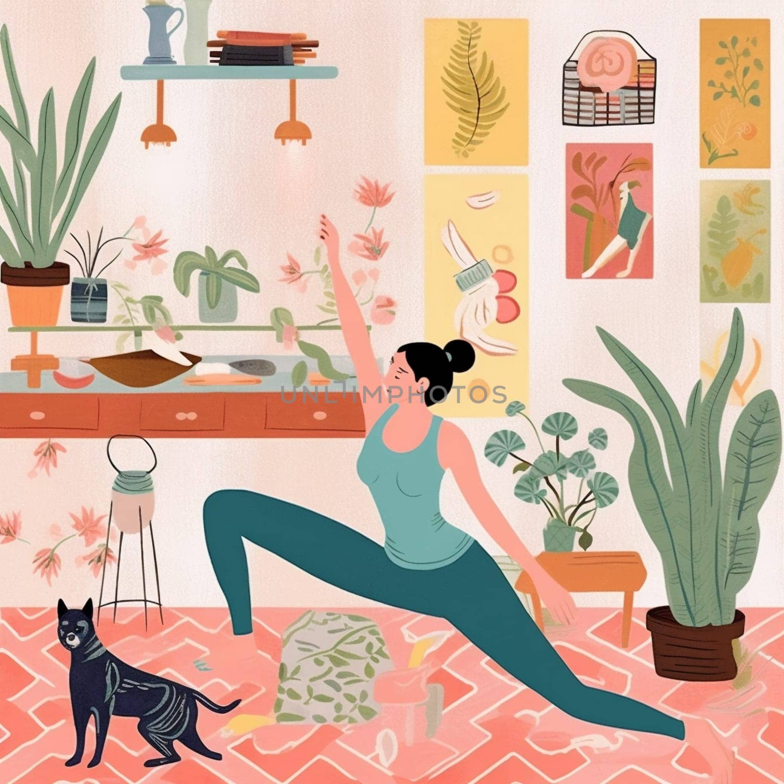 dog body woman lifestyle yoga sport cartoon training home puppy fitness. Generative AI. by Vichizh