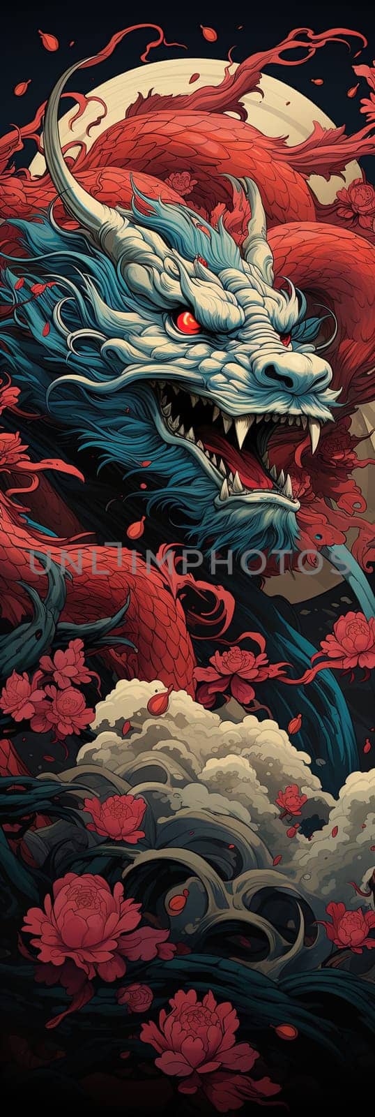 Japanese dragon, cartoon illustration, close-up, colorful bright bookmark. ai generative art