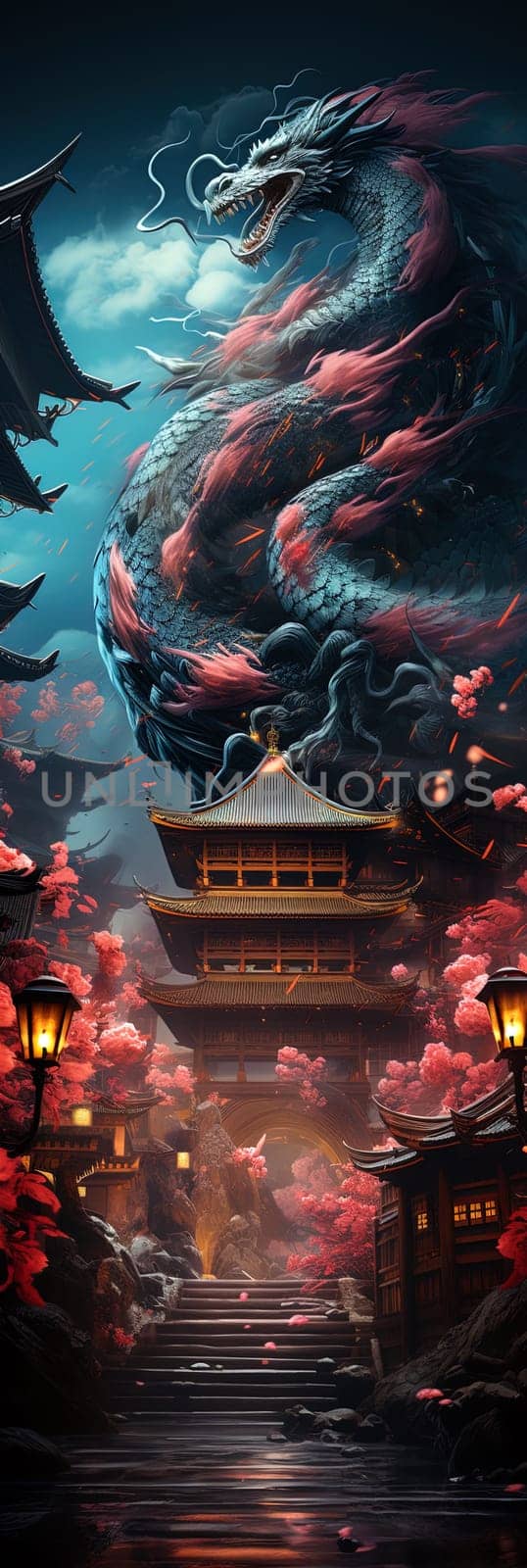 Japanese dragon, cartoon illustration, close-up, colorful bright bookmark. ai generative art