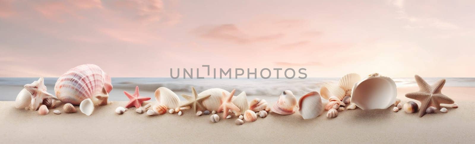 tropical collection holiday summer beach coastal concept sand coral sale seashell sea banner shell vacation border texture ocean nature space copy. Generative AI.