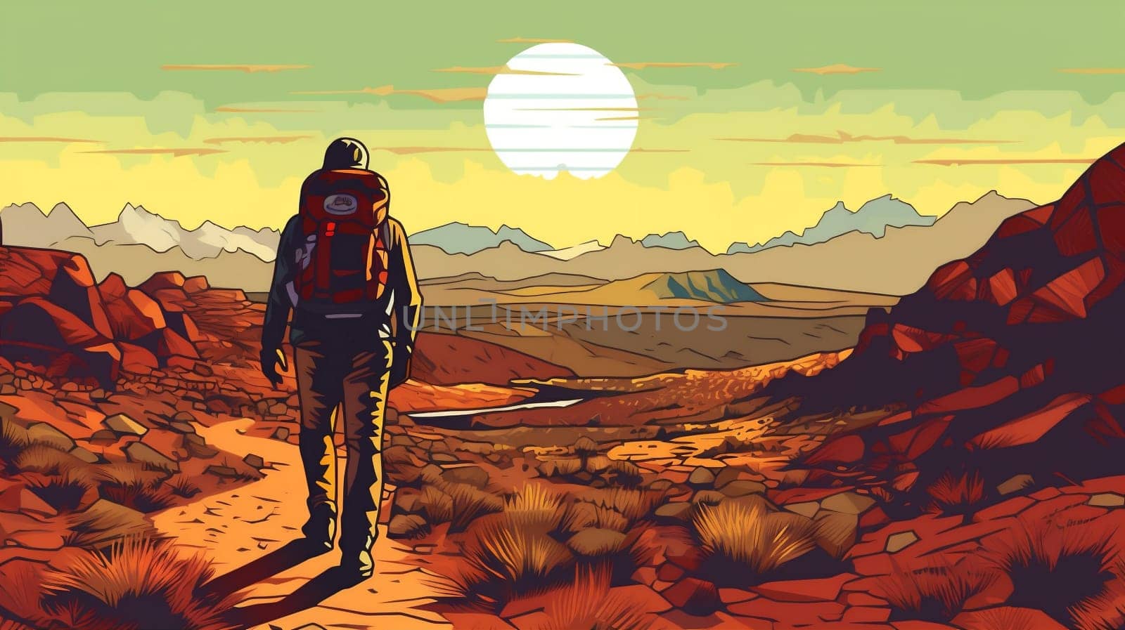 man desert hike journey trekking backpack landscape adventure trek walking travel. Generative AI. by Vichizh