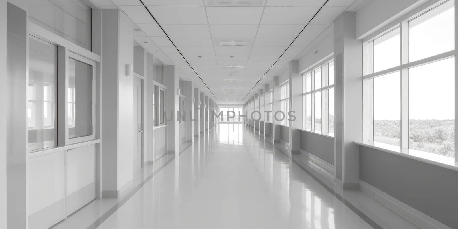 Hospital corridor with windows, in the style of bokeh, light gray, bauhaus, light white, skillful. Generative AI image weber.