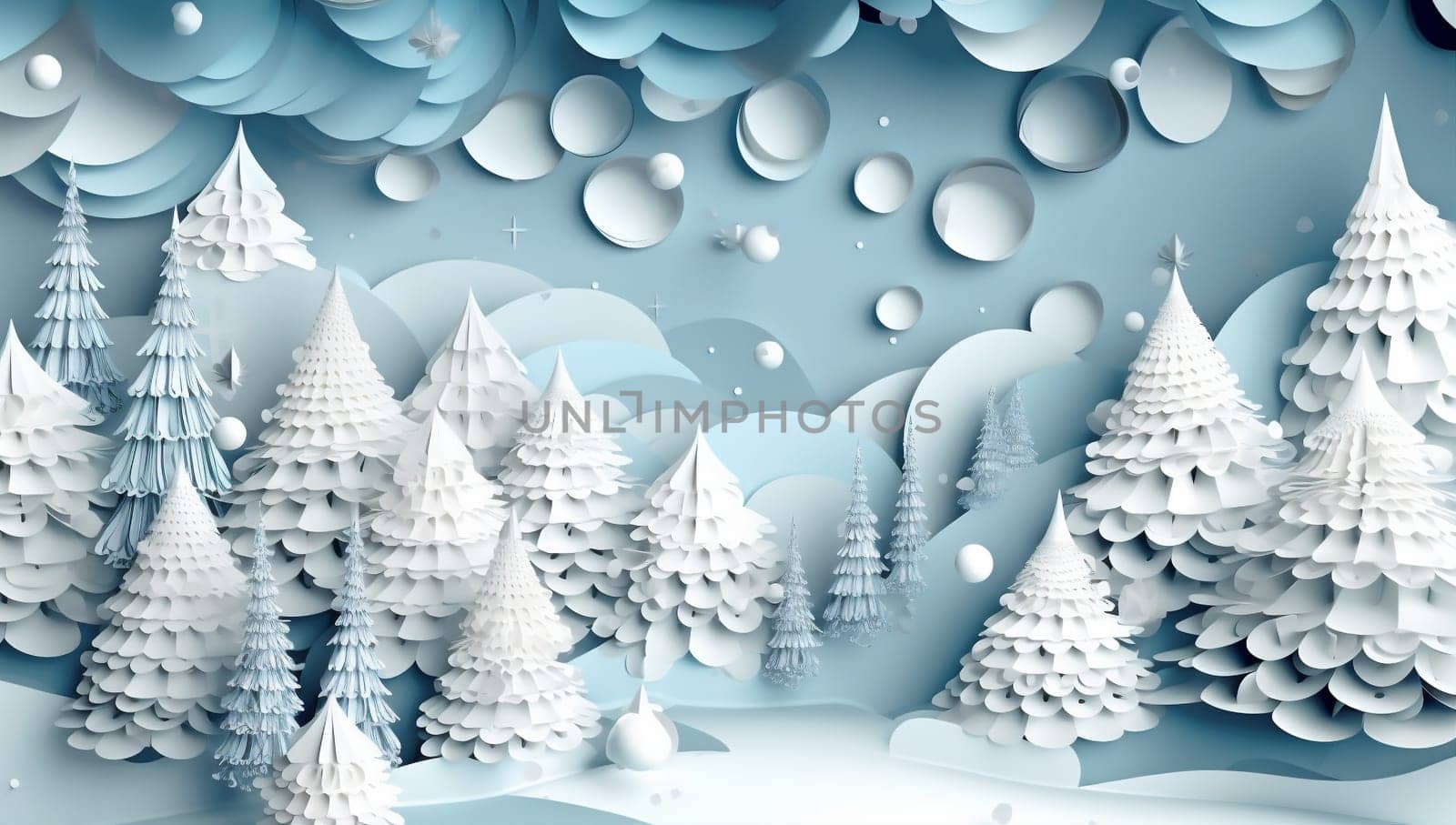 blue card merry nature illustration snowflakes winter christmas tree poster landscape origami art greeting tree paper decorative christmas forest background cut celebration. Generative AI.