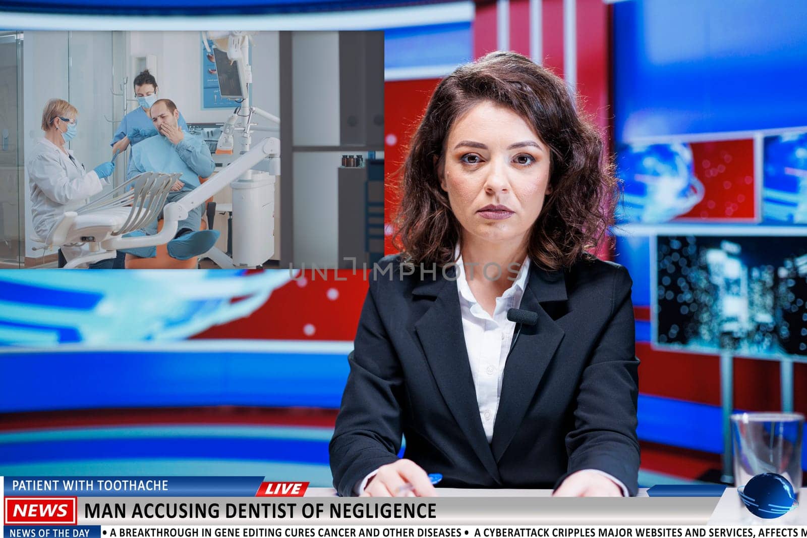 Worrying news about dentist incompetence on live tv channel, presenter doing newscast about stomatology patient with dental problems. Person with toothache suing dentistry cabinet.