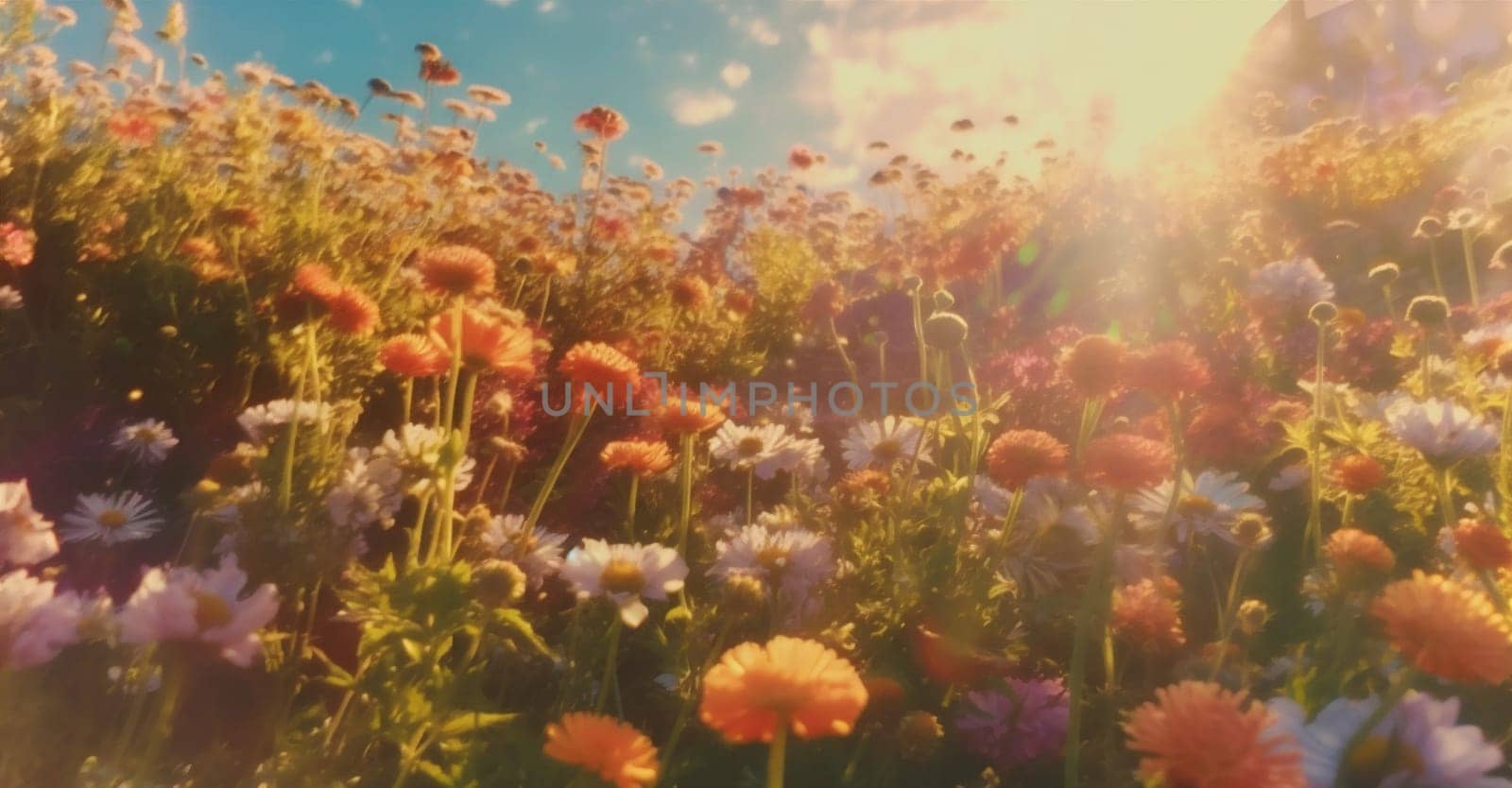 bloom colorful season beautiful blooming nature field background landscape violet sunlight petal fresh summer pink meadow sunset natural flower spring green. Generative AI.