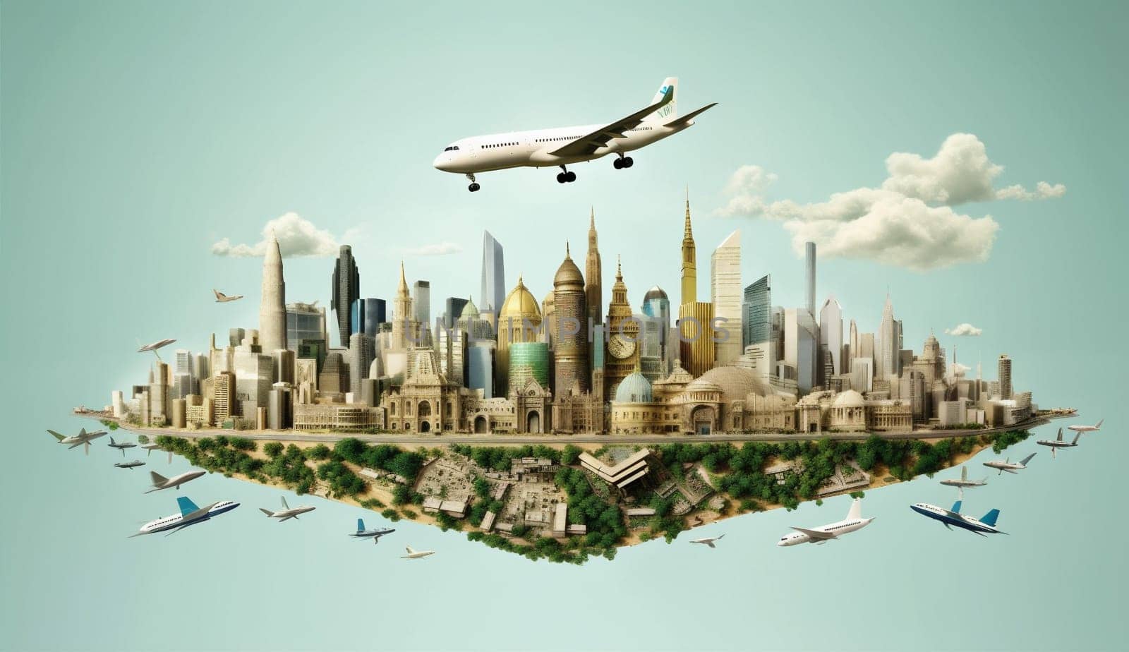 plane globe concept travel europa global illustration city earth map. Generative AI. by Vichizh