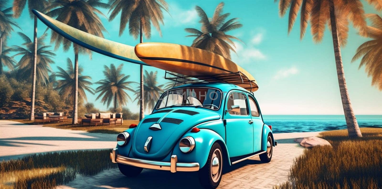 travel tropical retro trip road beach summer vacation vintage car. Generative AI. by Vichizh