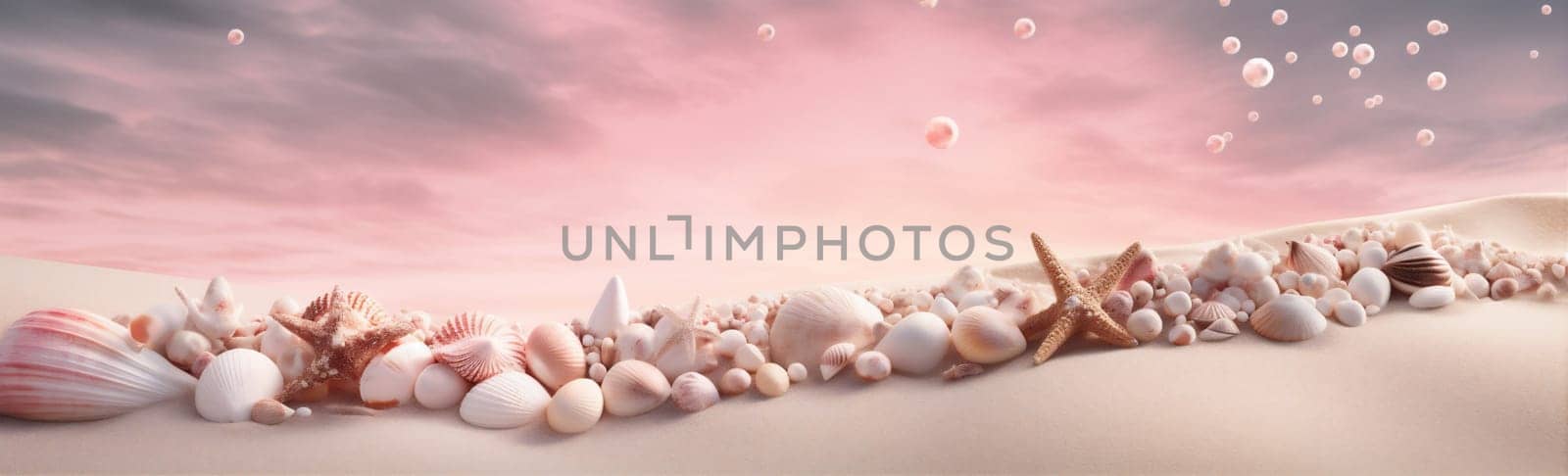 beach shell ocean holiday nature tropical banner sand sea summer. Generative AI. by Vichizh