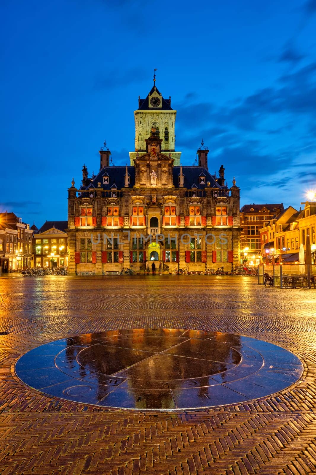 Delft City Hall and Delft Market Square Markt in the evening. Delft, Netherlands