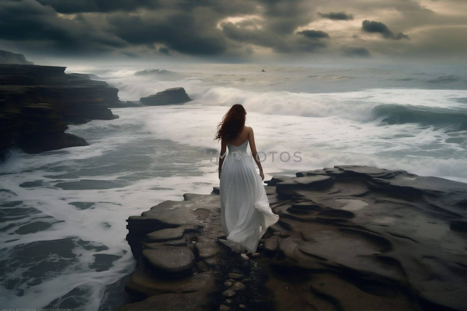 lady woman summer storm beach sunset beautiful cloud nature sky sunlight person dress lifestyle girl ocean blue back sea holiday body. Generative AI.