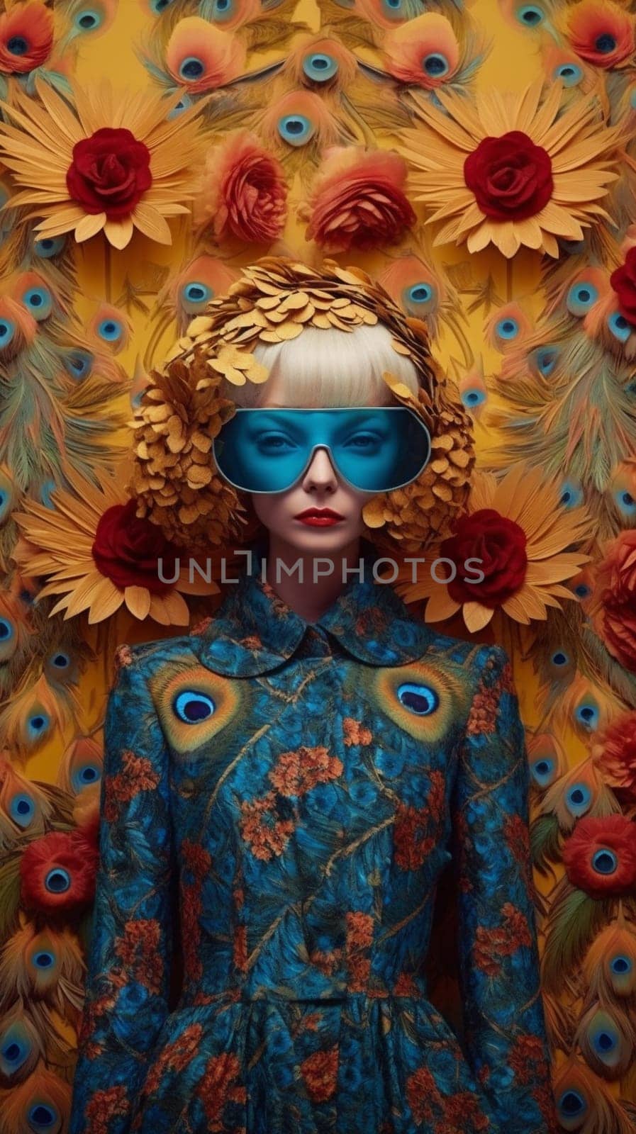 pet woman rose background face lip bird skin white tropical girl beauty fashion glamour peacock eye female jungle fairy young beautiful. Generative AI.