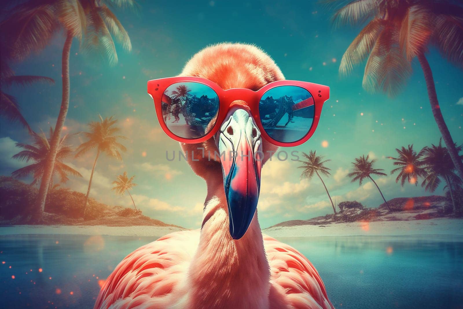 summer flamingo bird feather tropical pink sunglasses party animal hipster. Generative AI. by Vichizh