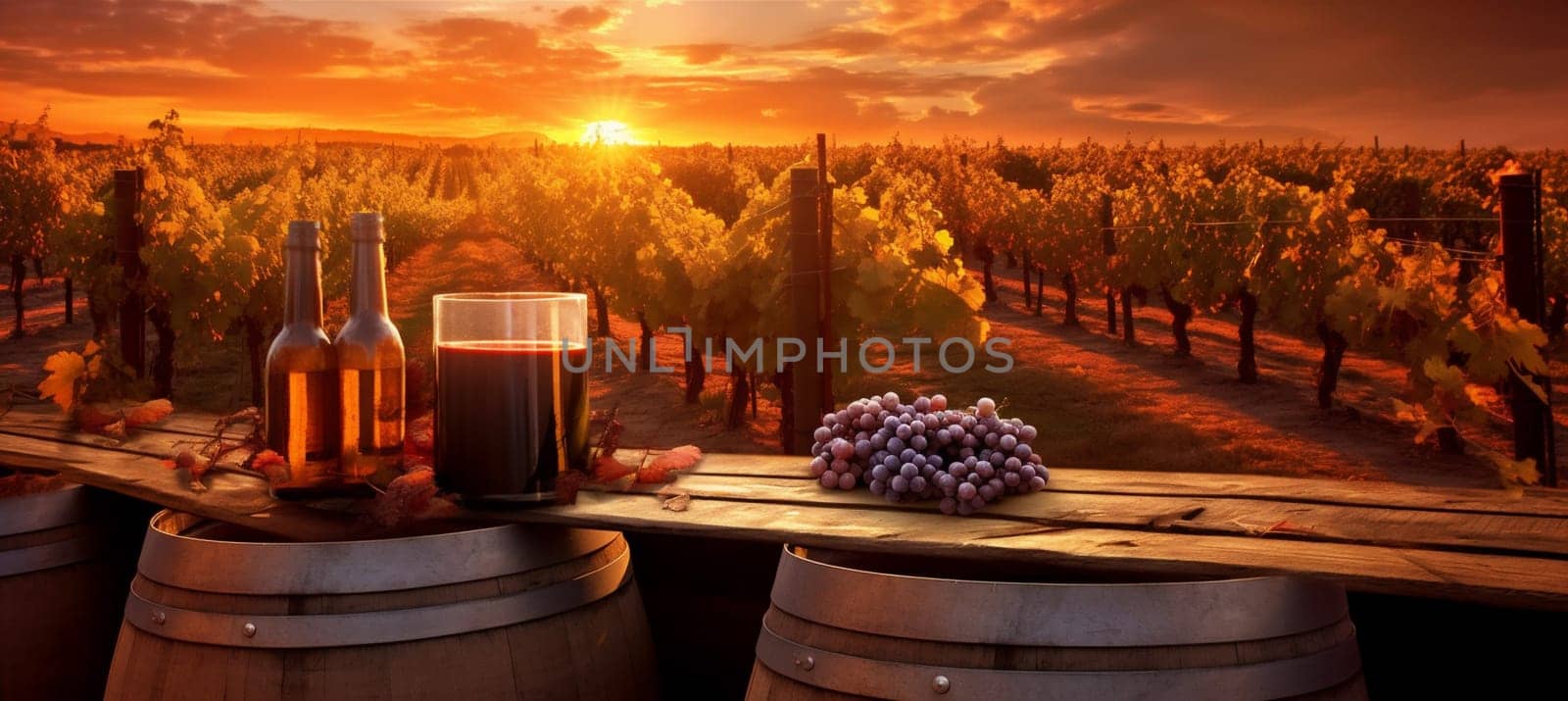 bottle grape alcohol barrel beverage drink glass winery wine sunset. Generative AI. by Vichizh
