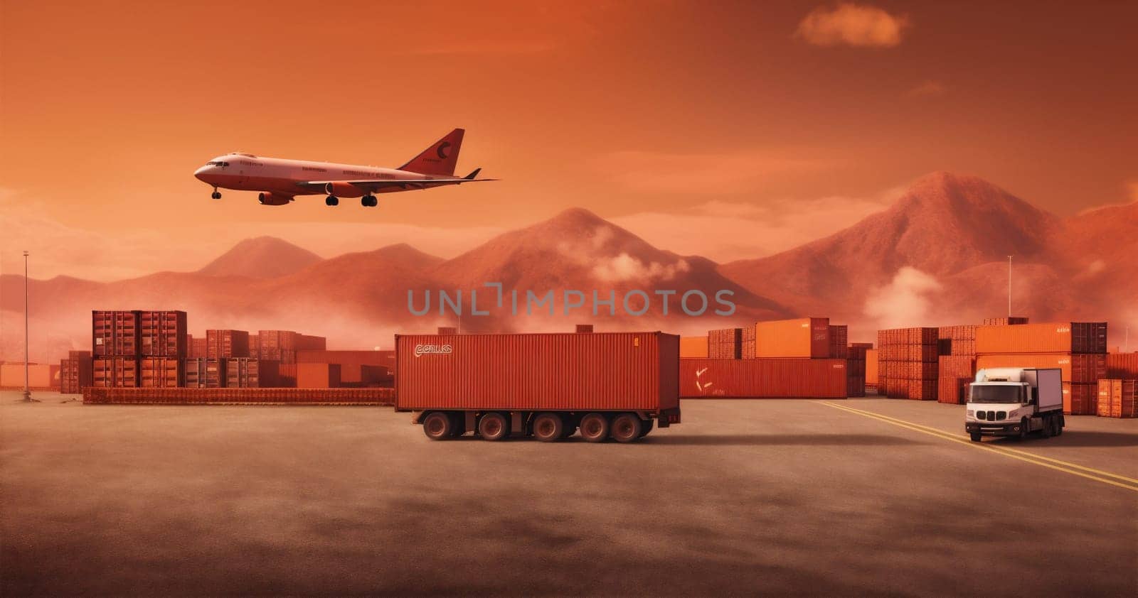 nautical warehouse shipping container export cargo ship aeroplane import delivery transportation distribution boat industry crane loading logistic terminal harbor commerce. Generative AI.