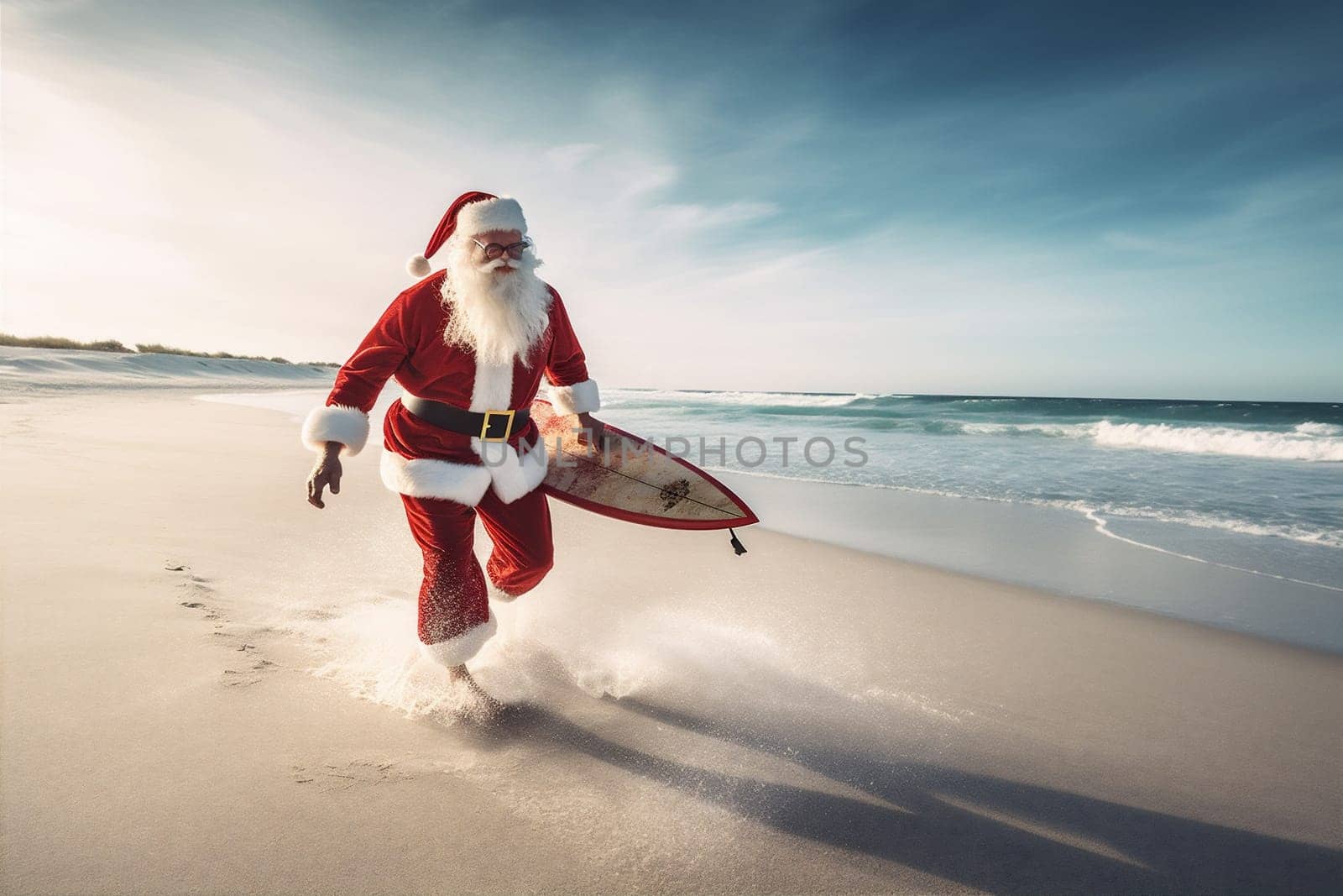 vacation sea santa beach holiday claus water christmas surfing summer. Generative AI. by Vichizh