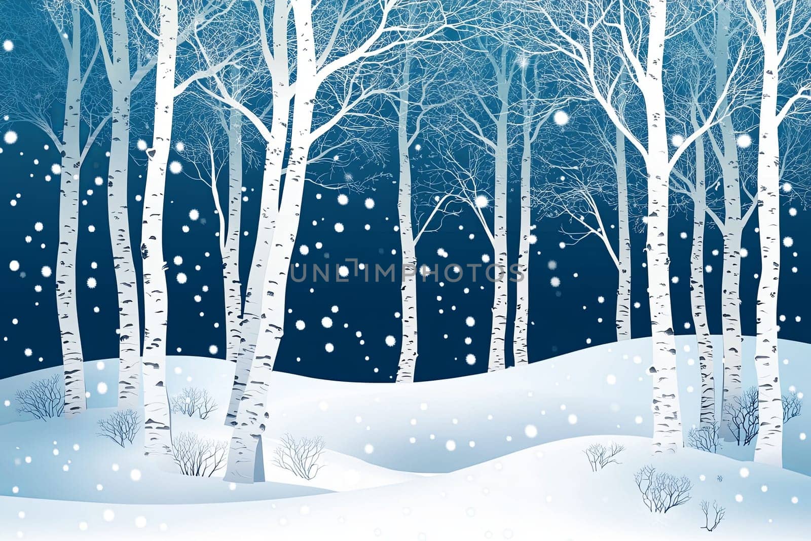 Image of birch forest in winter on blue background. High quality photo