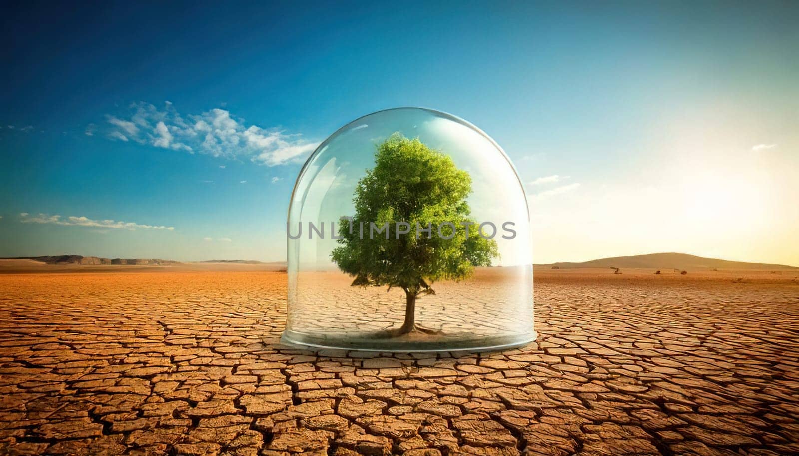 Global warming. Ecology concept. The Dual Nature of Nature. A Balancing Act. A tree split in half symbolizes the delicate balance between life and death, growth and decay, light and darkness. One side of the tree is lush, representing life, vitality and hope, while the other side is barren and dry, symbolizing death, destruction and despair. The image serves as a powerful reminder of the interconnectedness and fragility of our natural world.