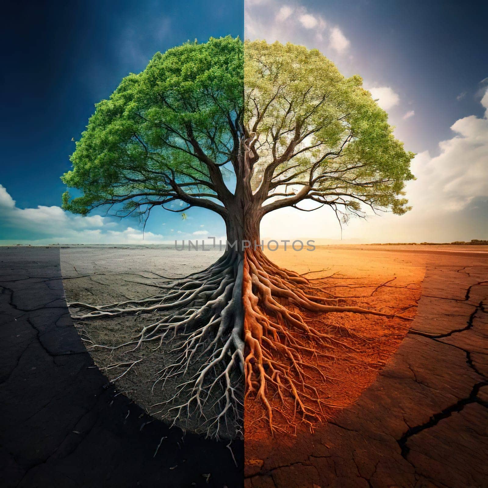 Global warming. Ecology concept. The Dual Nature of Nature. A Balancing Act. A tree split in half symbolizes the delicate balance between life and death, growth and decay, light and darkness. One side of the tree is lush, representing life, vitality and hope, while the other side is barren and dry, symbolizing death, destruction and despair. The image serves as a powerful reminder of the interconnectedness and fragility of our natural world.