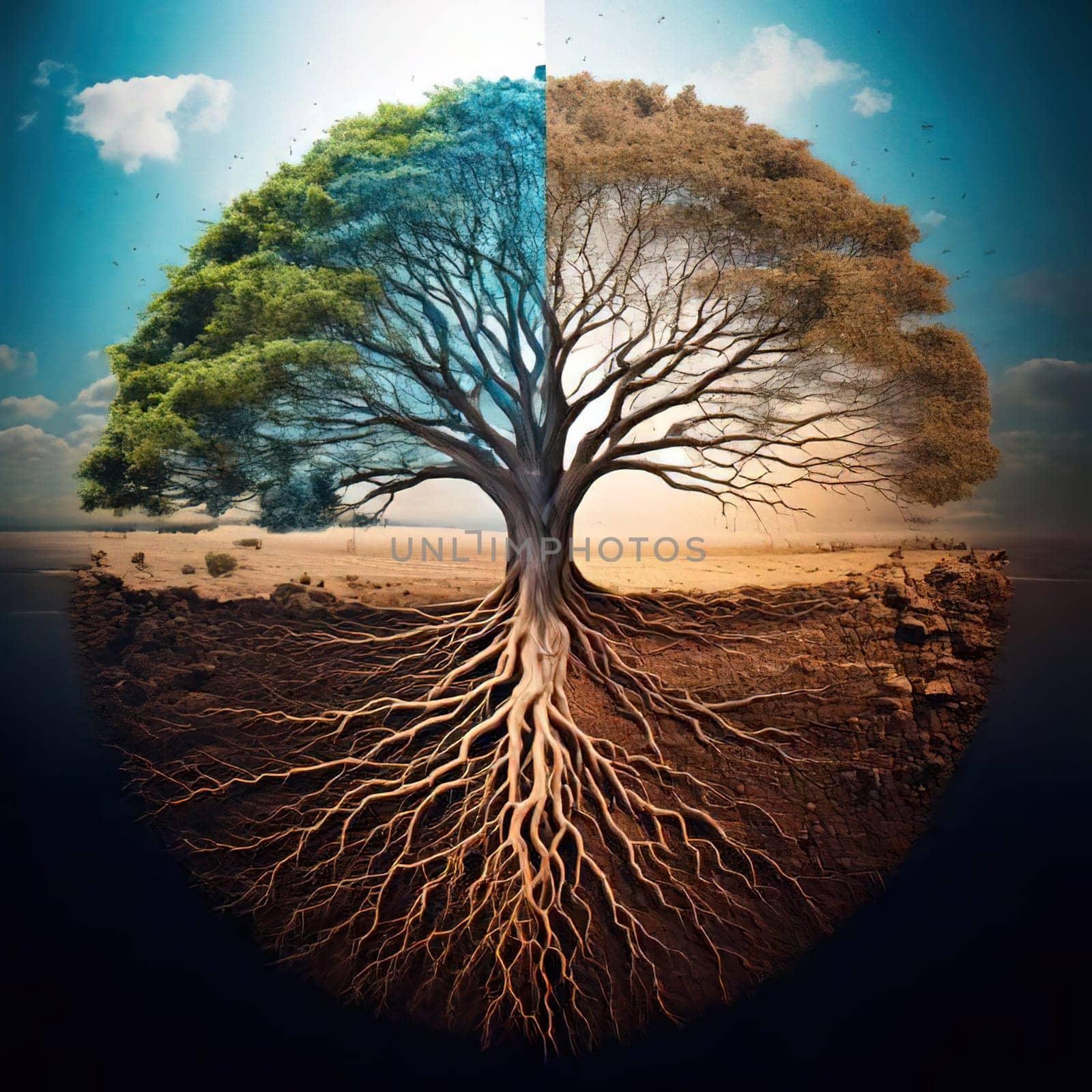 Global warming. Ecology concept. The Dual Nature of Nature. A Balancing Act. A tree split in half symbolizes the delicate balance between life and death, growth and decay, light and darkness. One side of the tree is lush, representing life, vitality and hope, while the other side is barren and dry, symbolizing death, destruction and despair. The image serves as a powerful reminder of the interconnectedness and fragility of our natural world.