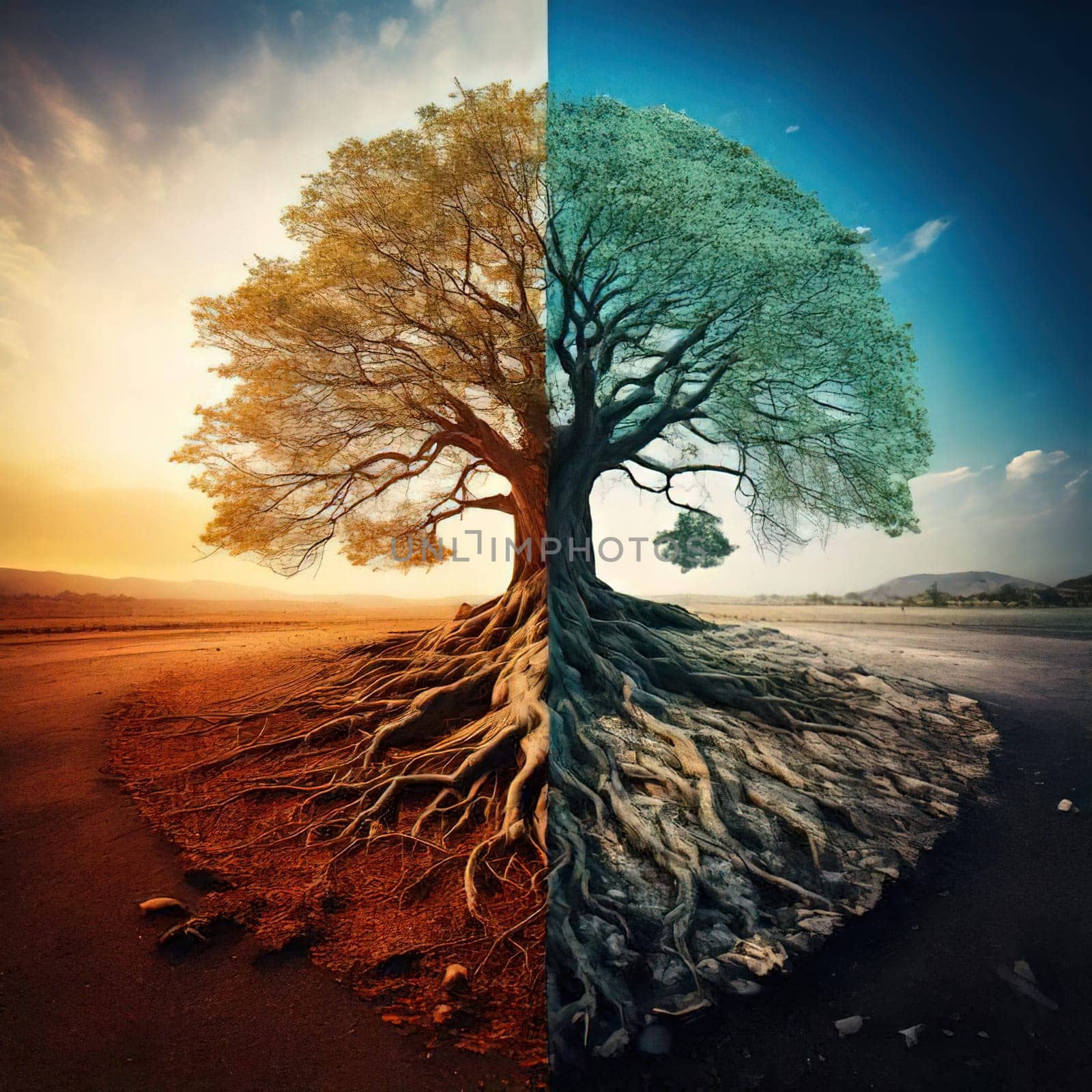 Global warming. Ecology concept. The Dual Nature of Nature. A Balancing Act. A tree split in half symbolizes the delicate balance between life and death, growth and decay, light and darkness. One side of the tree is lush, representing life, vitality and hope, while the other side is barren and dry, symbolizing death, destruction and despair. The image serves as a powerful reminder of the interconnectedness and fragility of our natural world.