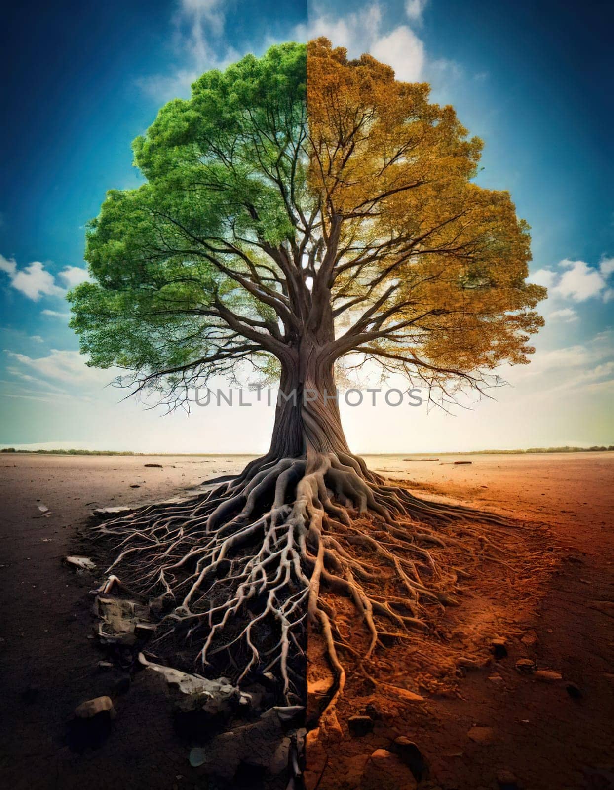 Global warming. Ecology concept. The Dual Nature of Nature. A Balancing Act. A tree split in half symbolizes the delicate balance between life and death, growth and decay, light and darkness. One side of the tree is lush, representing life, vitality and hope, while the other side is barren and dry, symbolizing death, destruction and despair. The image serves as a powerful reminder of the interconnectedness and fragility of our natural world.