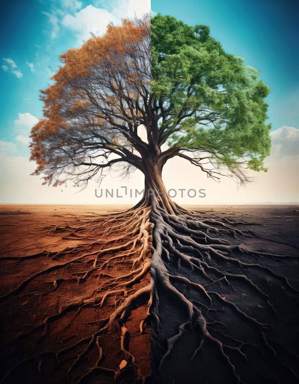 Global warming. Ecology concept. The Dual Nature of Nature. A Balancing Act. A tree split in half symbolizes the delicate balance between life and death, growth and decay, light and darkness. One side of the tree is lush, representing life, vitality and hope, while the other side is barren and dry, symbolizing death, destruction and despair. The image serves as a powerful reminder of the interconnectedness and fragility of our natural world.